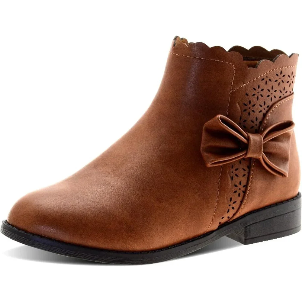 🆕Girls‎ Brown a Polyurethane Ankle Bow Side Zipper Outdoor Warm Low Heel Boot